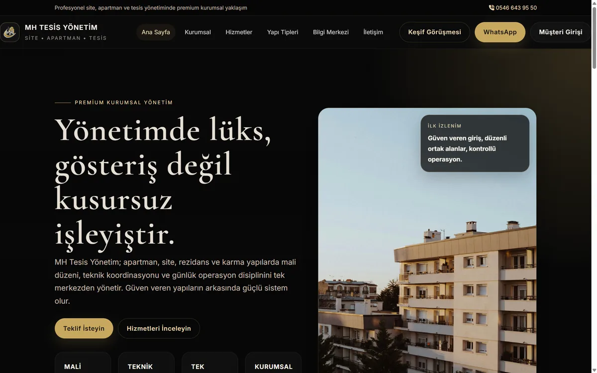 MH Tesis Yönetim web sitesi ekran görüntüsü